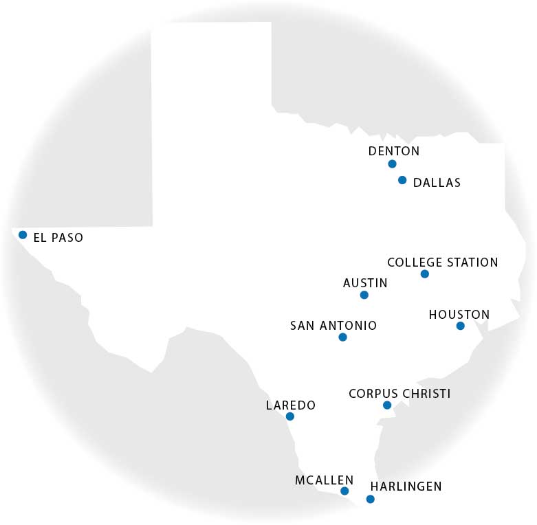 mapa de Texas que muestra las ubicaciones de los programas enumerados