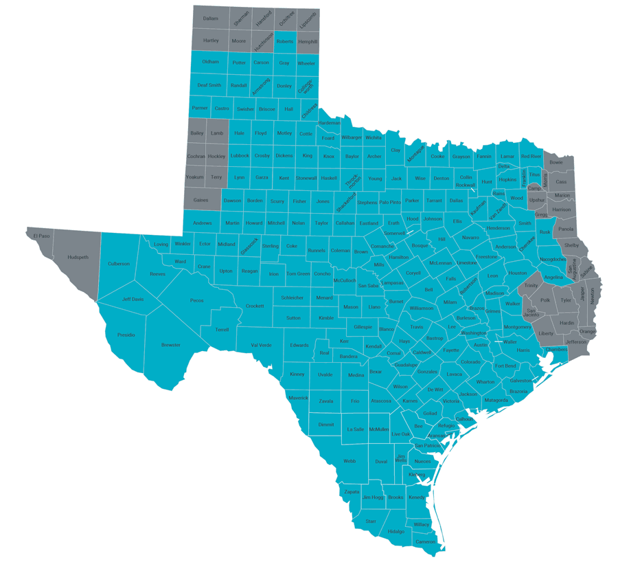 map showing counties served by ERCOT