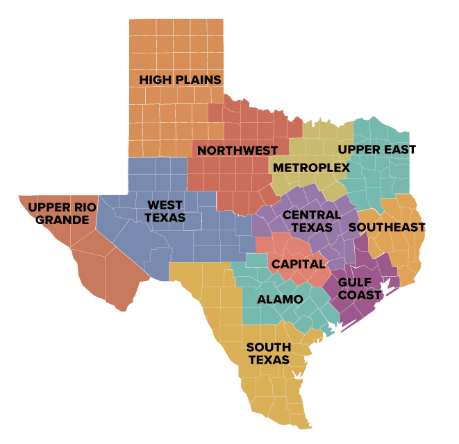 Texas map with 12 regions