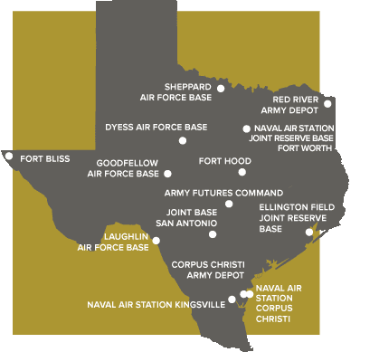 Texas' U.S. Military Bases; Map of the 14 bases in the study.