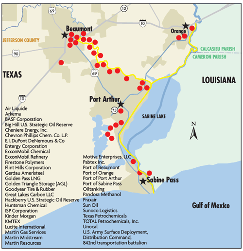 A map that shows different energy companies along the waterway and the connection to the Gulf Coast Intracoastal Waterway