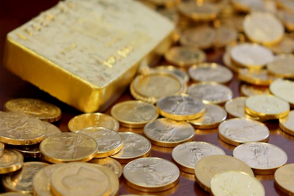 gold bar and gold coins