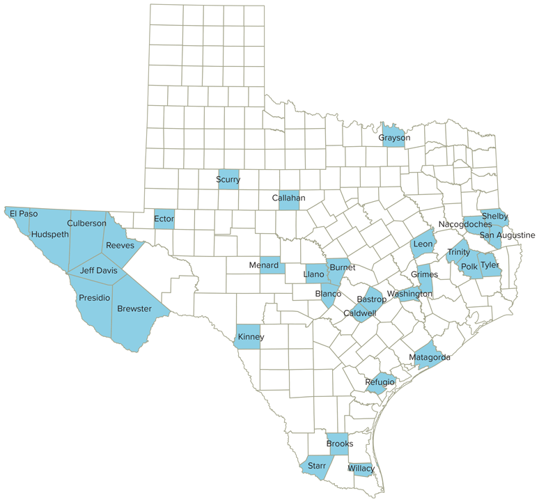 texas county map showing participating counties