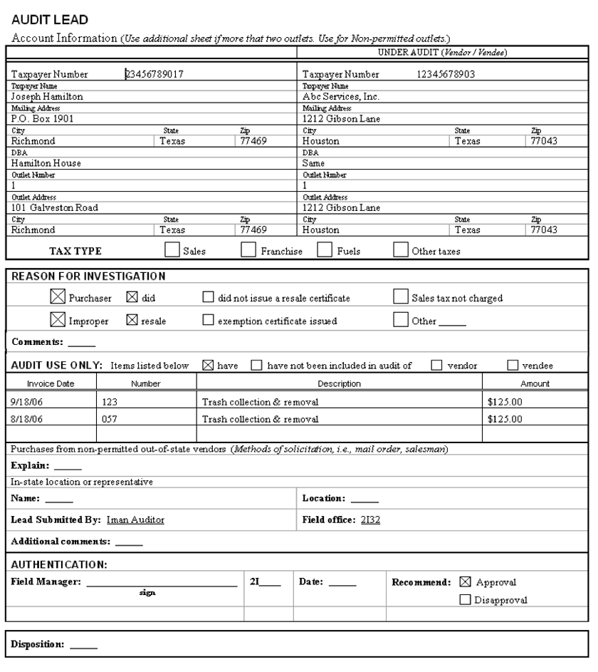 This is an example of a completed Audit Lead form