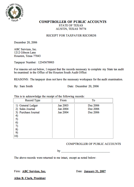 This is an example of a completed Receipt for Taxpayer Records