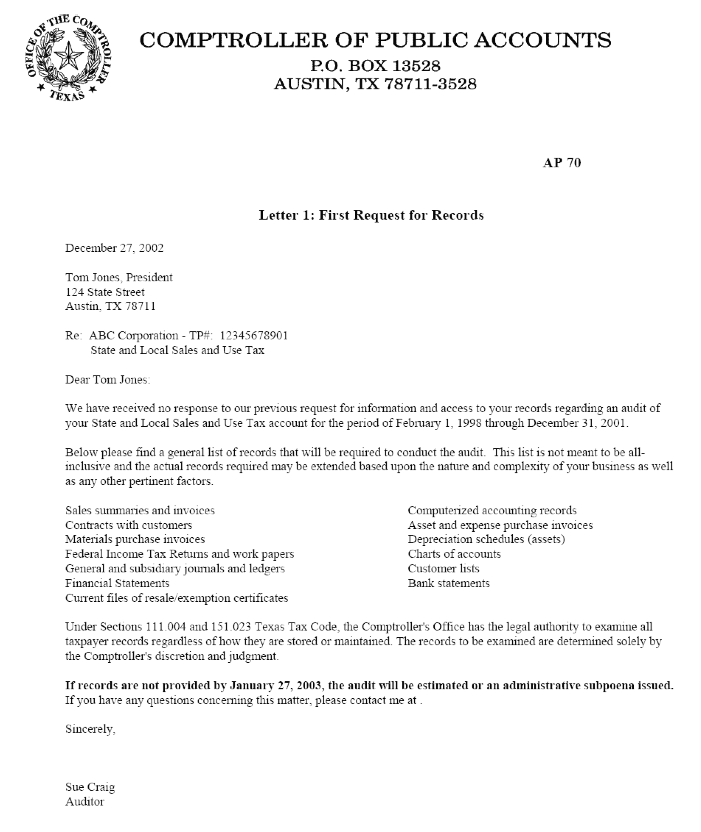 Legal Confirmation Letter Audit Sample from comptroller.texas.gov