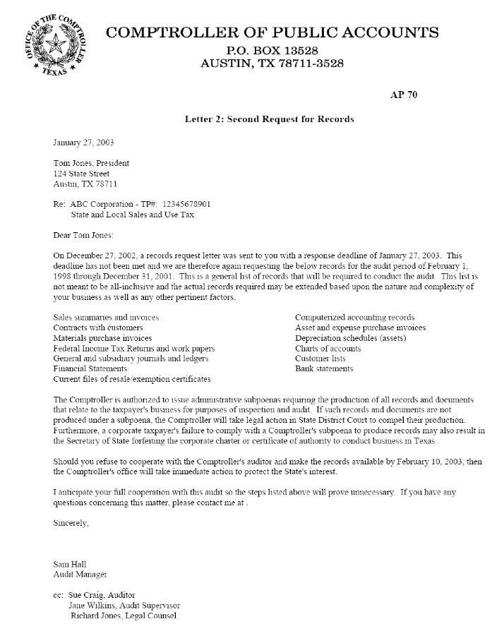 This is an example of a second letter requesting for records for an audit.