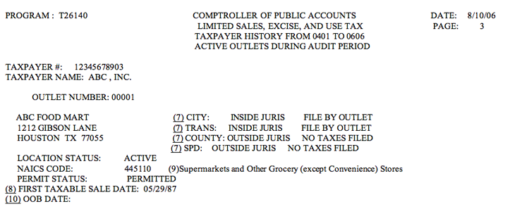 This is an example of the outlet information page from an Audit History