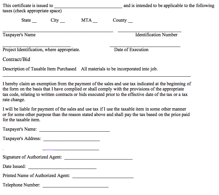 This is an example of the prior contract exemption certificate