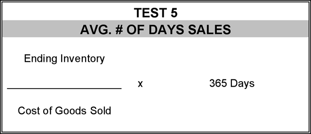 Avg. # of Days sales Formula: Ending Inventory / Cost of Goods Sold * 365 Days